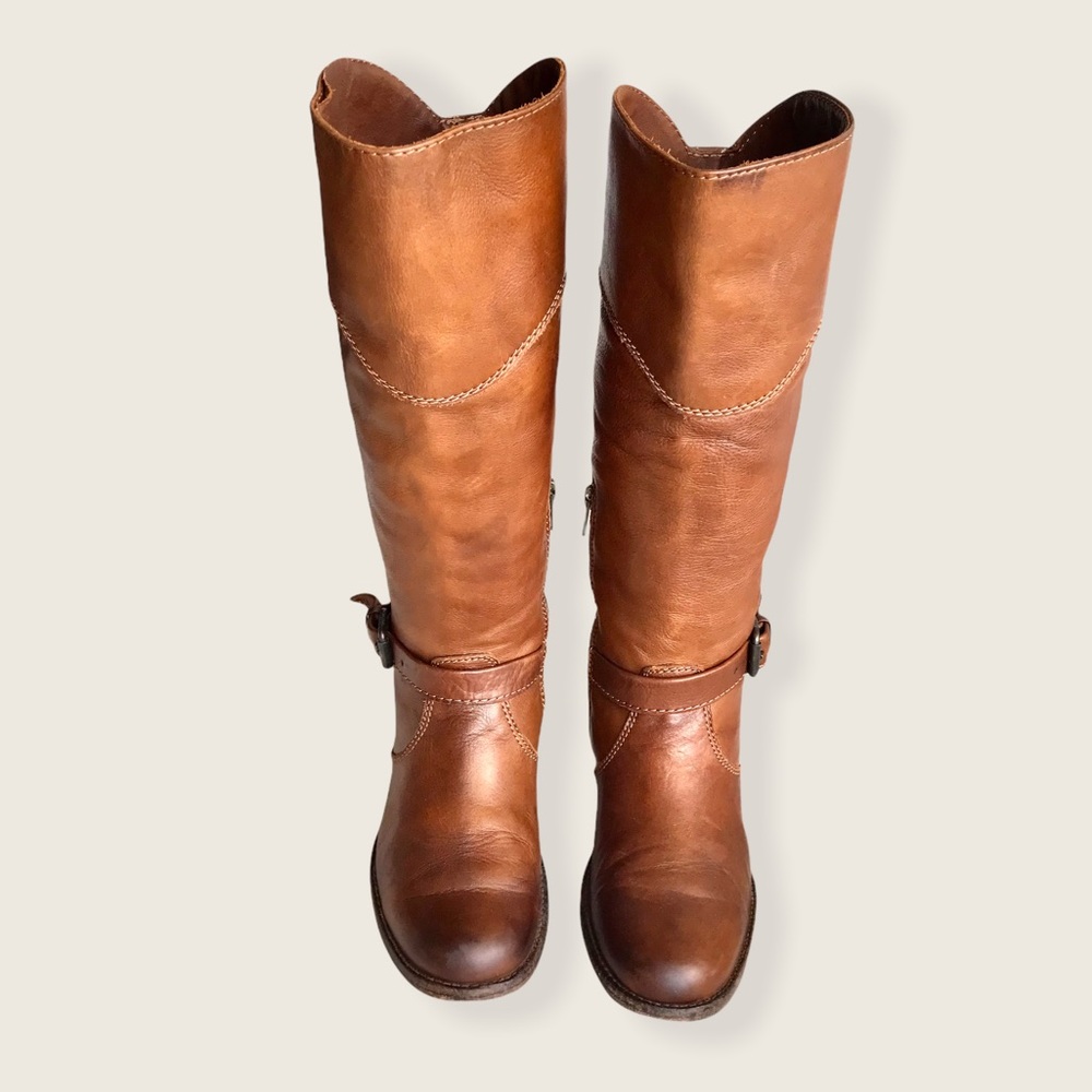 Frye Phillip Riding Knee High Cognac Real Leather Tall Buckle Vintage Low Boots - Picture 8 of 14